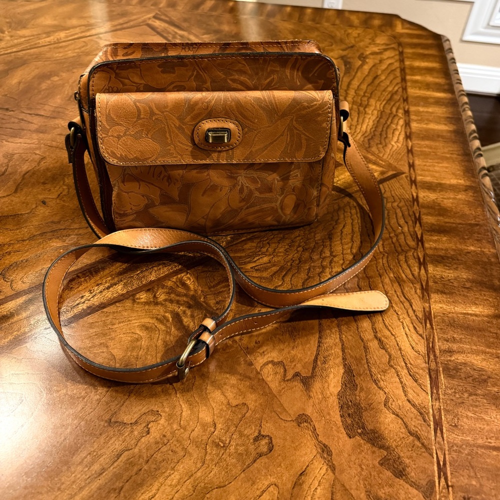 Patricia Nash Tan Floral Embossed Leather Crossbody Bag